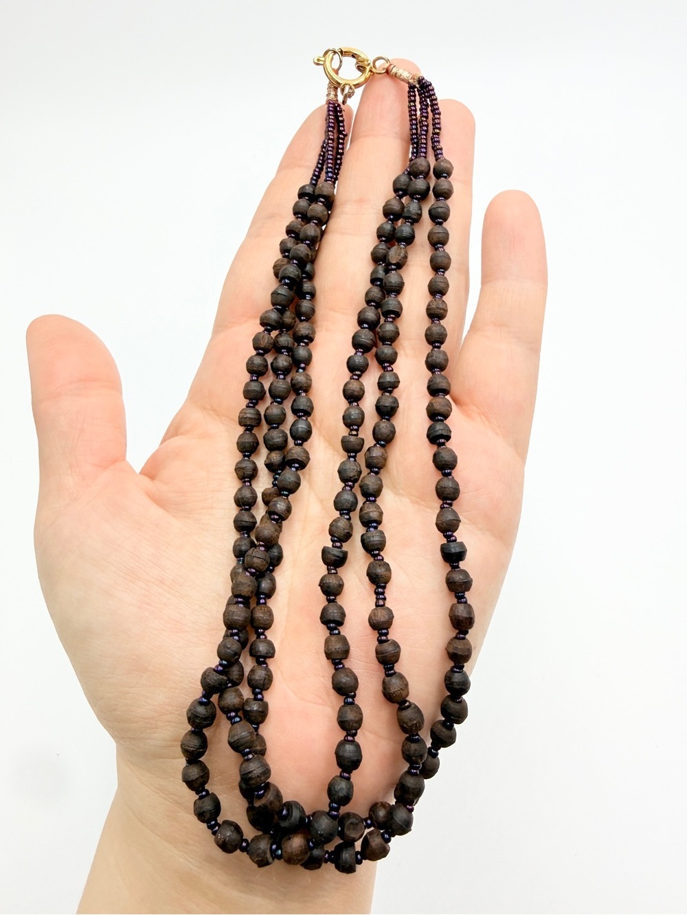 Vintage Multi-Strand Wooden Bead Necklace with Purple Seed Beads